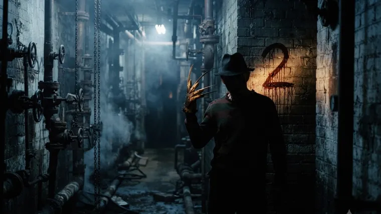 Terror på Elm Street 2: en skuggig gestalt med rivklor i ett ångande pannrum, en blodig tvåa målad på väggen bakom
