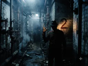Terror på Elm Street 2: en skuggig gestalt med rivklor i ett ångande pannrum, en blodig tvåa målad på väggen bakom