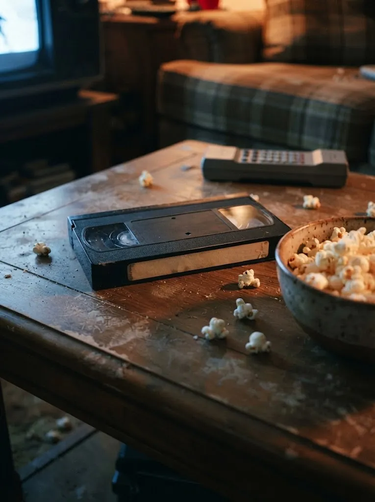 VHS-kassett på ett trägolvbord med utspilld popcorn, en popcornskål och en fjärrkontroll i bakgrunden