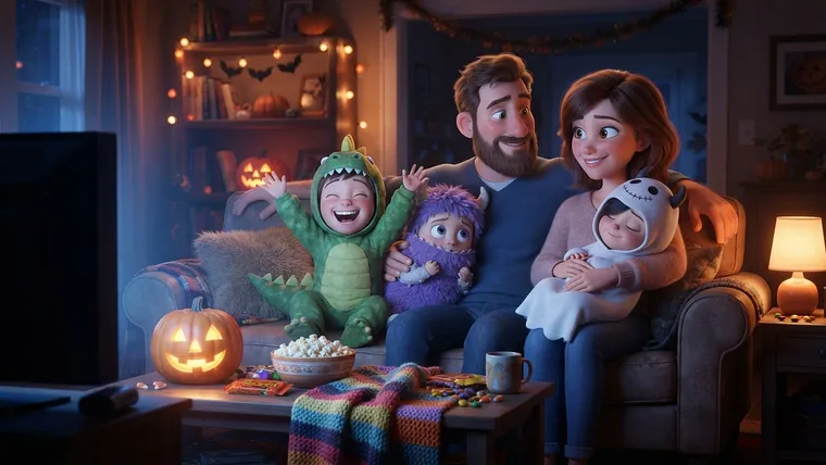 Skräckfilm för barn: tecknad familj i soffan, ett barn i monsterdräkt skrattar, ett är rädd och ett har somnat