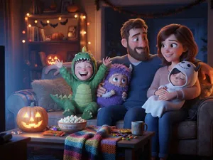 Skräckfilm för barn: tecknad familj i soffan, ett barn i monsterdräkt skrattar, ett är rädd och ett har somnat