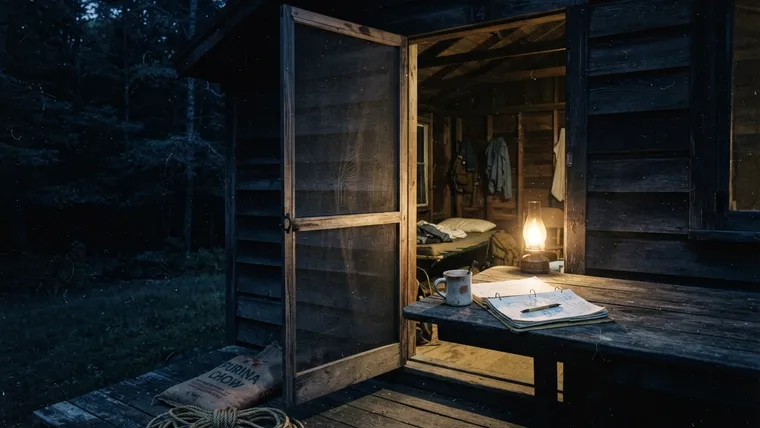 En lägerledarstuga i mörkret, med en fotogenlampa och en uppslagen pärm på verandabordet och ett rep på golvet