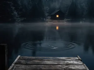 Fredagen den 13:e del 7: ringar på vattnet vid en brygga en dimmig natt, med en upplyst stuga på andra sidan sjön