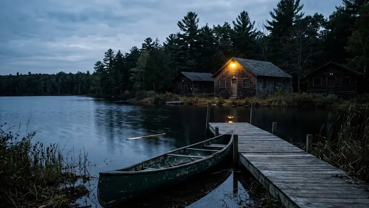 Fredagen den 13:e: ett övergivet scoutläger i skymningen, en grön kanot vid bryggan och en lampa över en stugdörr