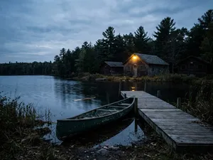 Fredagen den 13:e: ett övergivet scoutläger i skymningen, en grön kanot vid bryggan och en lampa över en stugdörr