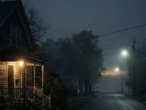 Freddy vs Jason: en förortsgata i dimma, med en tänd verandalampa och en mörk sjö längst bort