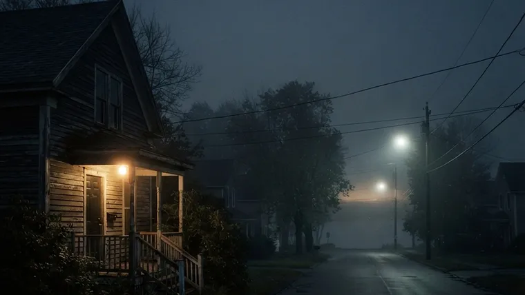 Freddy vs Jason: en förortsgata i dimma, med en tänd verandalampa och en mörk sjö längst bort