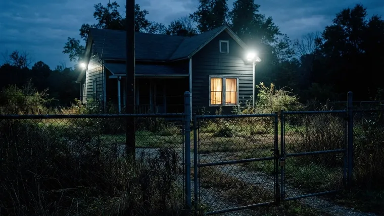 Halloween 2018: hus bakom låst grindstängsel i skymningen med strålkastare och ett varmt upplyst fönster