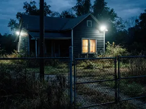 Halloween 2018: hus bakom låst grindstängsel i skymningen med strålkastare och ett varmt upplyst fönster