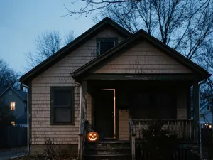 Ett hus i en amerikansk förort i skymningen, med en tänd pumpa på verandatrappan och ytterdörren på glänt