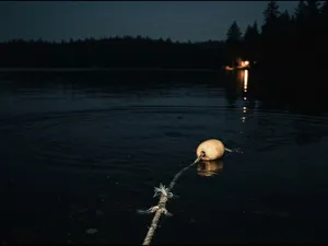 En mörk sjö på natten med ringar på vattnet, ett rep och ett blekt flöte i förgrunden och ett ensamt ljus på andra stranden