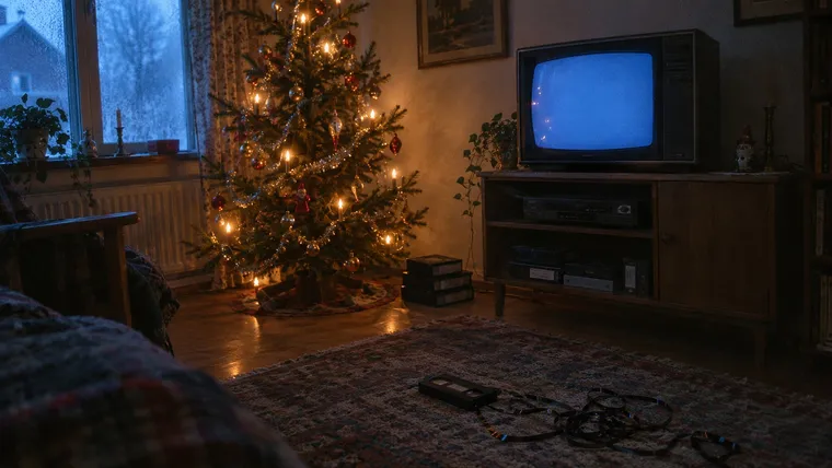 Klassiska julfilmer: vardagsrum en vinterkväll med tänd julgran, tv med blå skärm och ett trassligt VHS-band på mattan