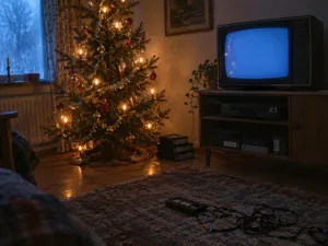 Klassiska julfilmer: vardagsrum en vinterkväll med tänd julgran, tv med blå skärm och ett trassligt VHS-band på mattan