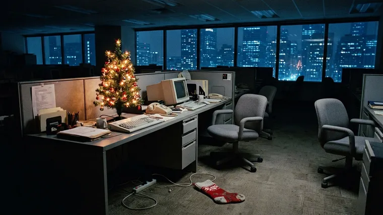 Varför är Die Hard en julfilm: tomt kontor på julafton med tänd julgran på skrivbordet och en julstrumpa på golvet
