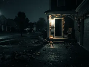 Alla helgons blodiga natt 4: mörk villaförort med upplyst ytterdörr, pumpalykta på trappan och krossade pumpor på uppfarten