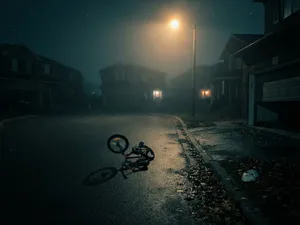 Alla helgons blodiga natt 5: dimmig förortsgata under en gatlykta med en omkullvält barncykel och en vit mask i rännstenen