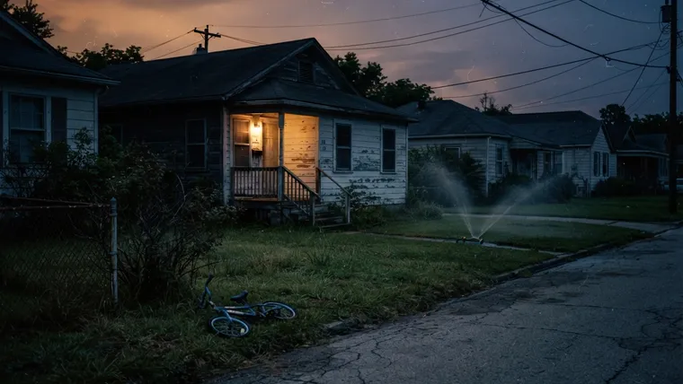 Terror på Elm Street 4: öde förortsgata i skymning med en cykel på en övervuxen gräsmatta