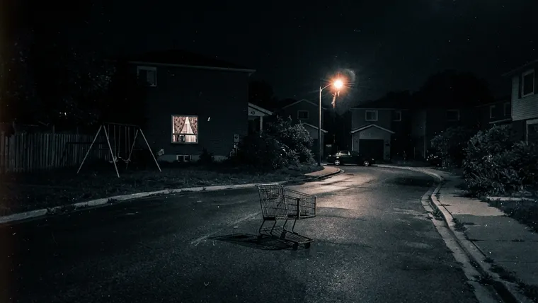 Terror på Elm Street 5: mörk återvändsgränd med blinkande gatlykta och en övergiven shoppingvagn