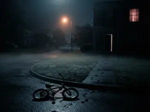 Terror på Elm Street 6: dimmig förortsgata på natten, ett cykelhjul snurrar ensamt på asfalten