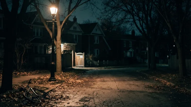 Terror på Elm Street: mörk förortsgata på natten med en ensam gatlykta och en övergiven cykel