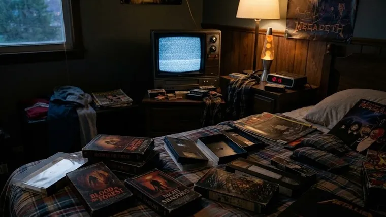 VHS-kassetter med skräckfilmer från 80-talet utspridda på en säng, med en gammal TV och en lavalampa bakom