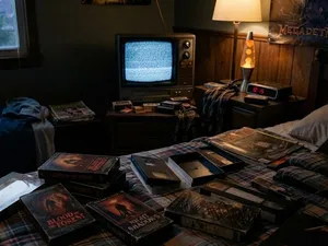 VHS-kassetter med skräckfilmer från 80-talet utspridda på en säng, med en gammal TV och en lavalampa bakom