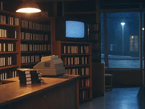 Film från 80-talet: en stängd videobutik på kvällen med hyllor fulla av VHS-band, kassaapparat och en tv med brus