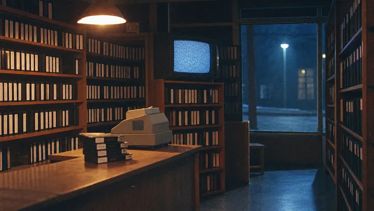 Film från 80-talet: en stängd videobutik på kvällen med hyllor fulla av VHS-band, kassaapparat och en tv med brus