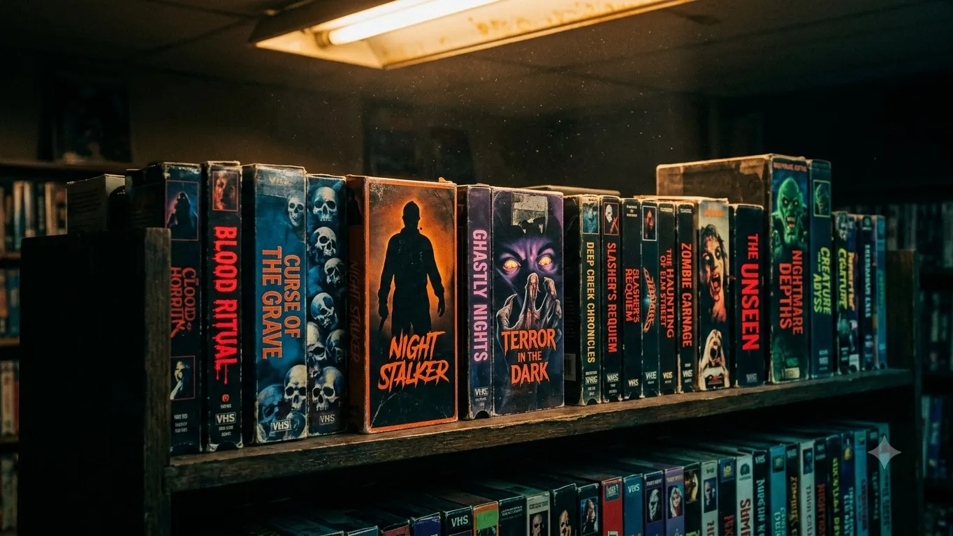 En hylla i en videobutik fylld med VHS-kassetter för skräckfilmer från 80-talet